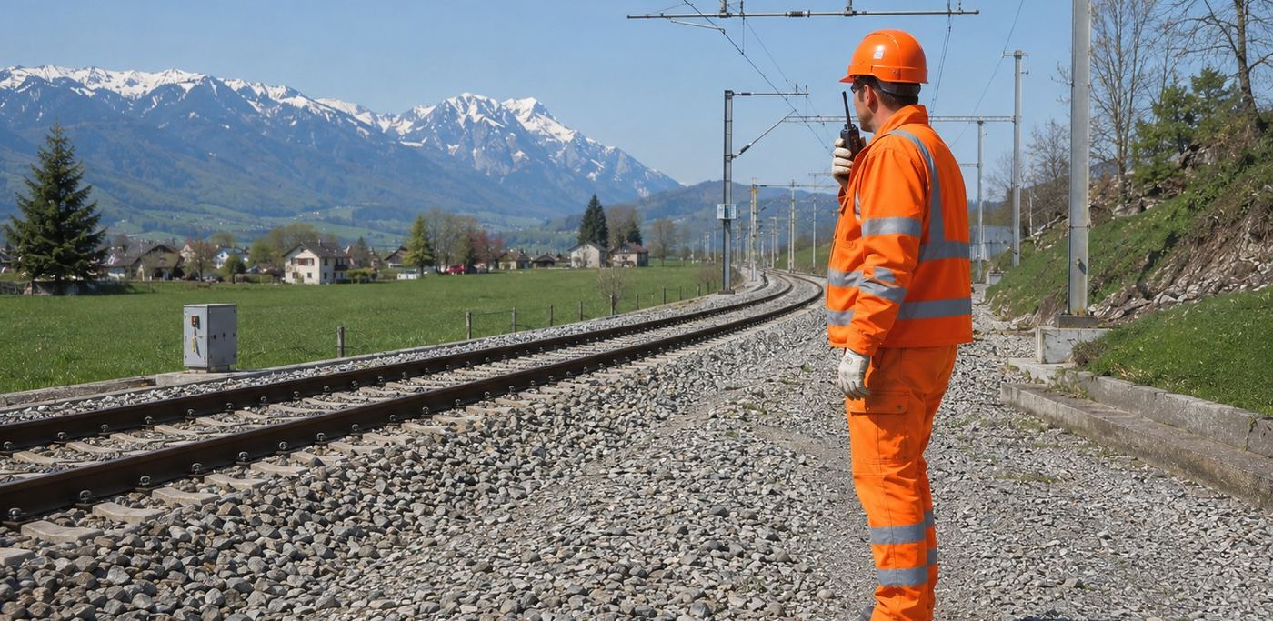 Agent de sécurité Safety Railway le long d'une voie ferrée en Suisse